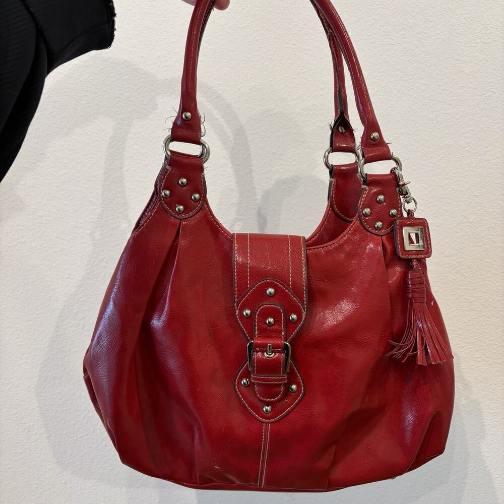 St John’s Bay Red Shoulder Bag Buckle & Zip Tassel Charm Studded Lined